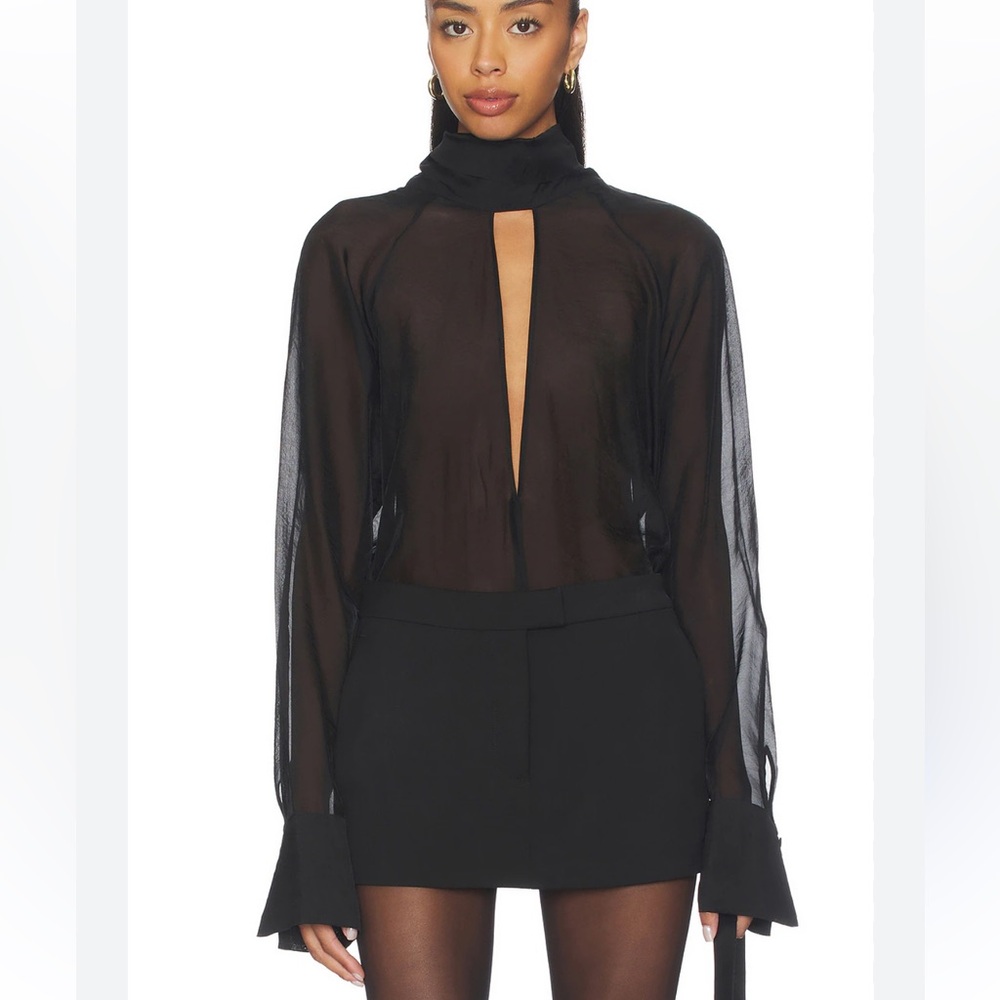 L'Academie Black Sheer Long-Sleeve Keyhole Blouse